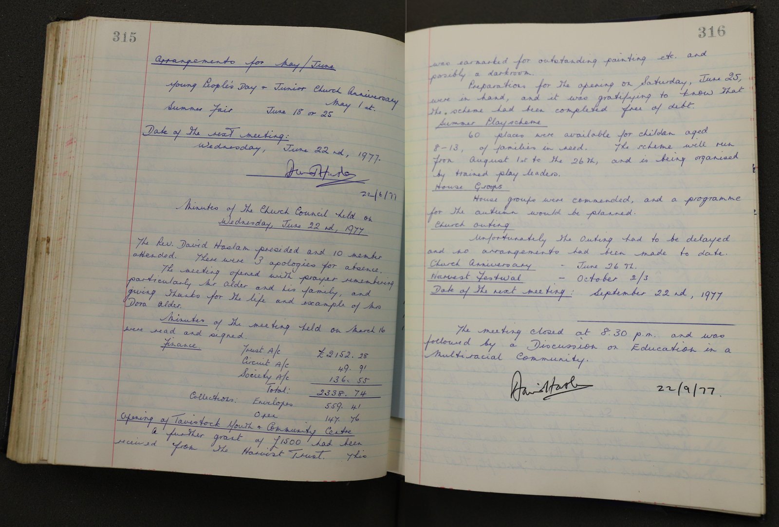 Colour photograph of pages from a Church Council Minute book, dated 1977